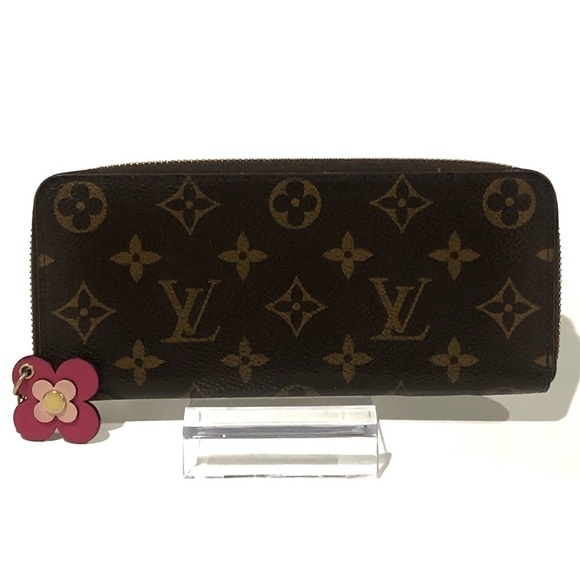 Auth Louis Vuitton Portefeuille Clemence Zippy Wallet Monogram Pink Flower Charm - Picture 1 of 15